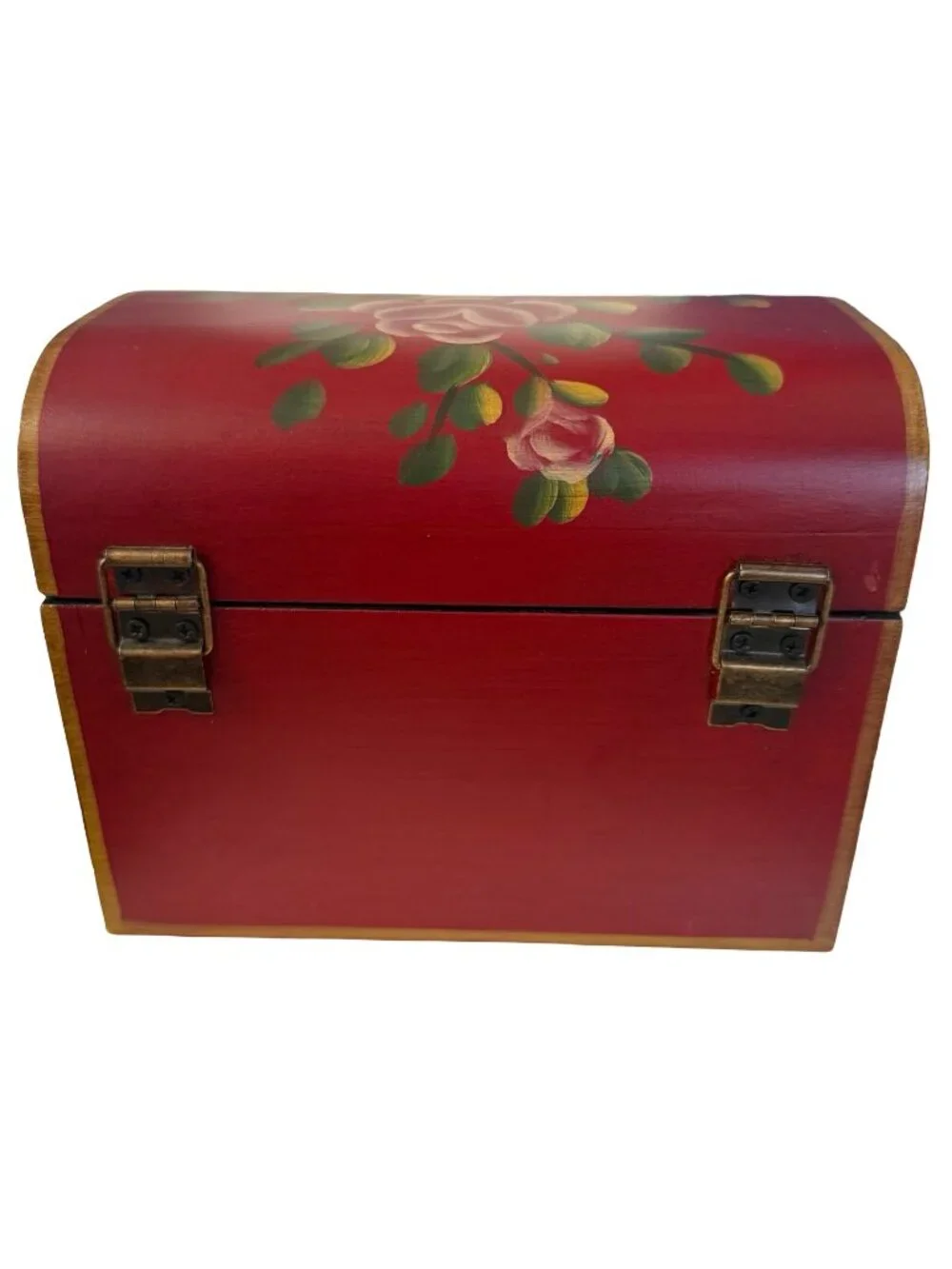 Vintage Hand Painted Floral Wooden Treasure Chest Jewelry Box Red Roses Emrad Cr